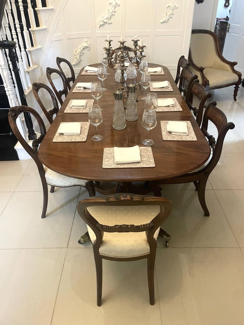 Antique Edwardian 10 Seater Quality Figured Mahogany Two Pilar Dining Table - Image 4